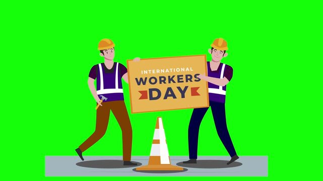 Construction Workers Carrying Workers Day Sign with Safety Cones, Labor Celebration and Unity Animation on Green Screen Background