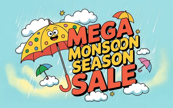 Mega monsoon season sale banner with umbrellas raindrops clouds colorful background discount up to 80 percent promotion template for shopping marketing social media ads posters and ecommerce design