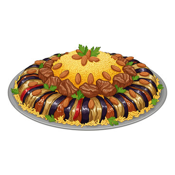 Traditional Maqluba Dish with Rice Eggplant Meat and Almonds Vector