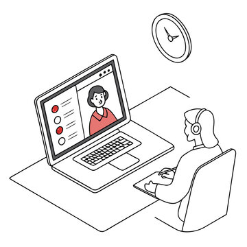 Isometric view of person with headphones attending online meeting via laptop remote work and e-learning concept e learning flat design e-learning headphones education