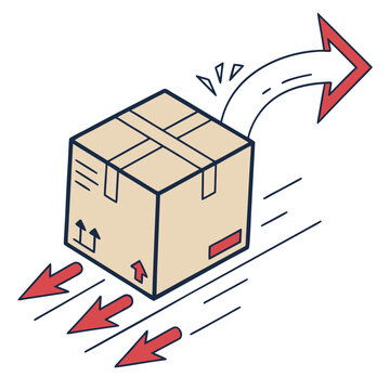 Moving cardboard box with arrows indicating forward trajectory and redirection cardboard delivery shipping logistics transport trajectory redirection commerce industry