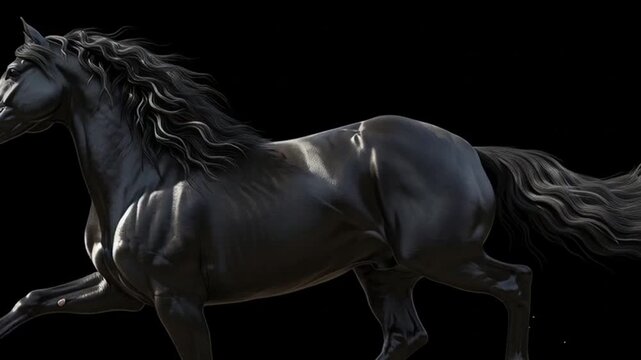 A beautiful black stallion with a flowing mane and tail is isolated on a black background while running in a wild gallop