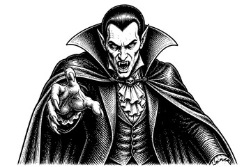 Obraz premium vampire stares forward with cape fangs and outstretched hands in a dark gothic horror illustration