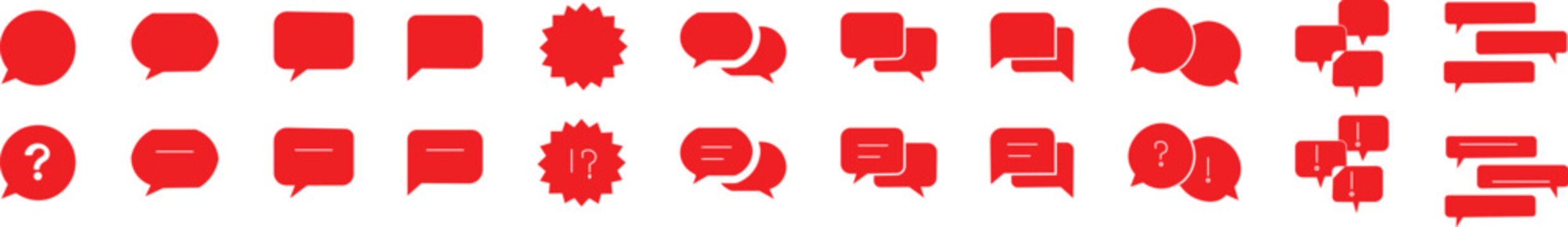 Mega Communication speech bubbles Icon Pack: Speech Bubbles, Chat Boxes, and Symbols. Vector balloons speak sign dialog. icons in monochrome vector format related to speech bubbles