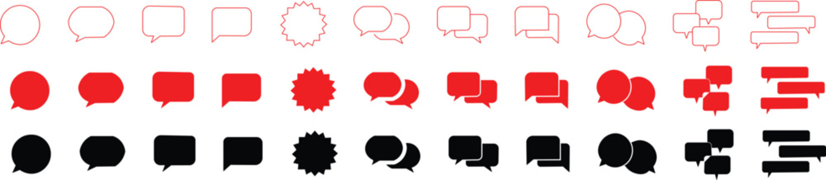 Mega Speech Bubble Icon Set: Social Media Chat and Comment Symbols in Multiple Styles. speech bubble collection. Set of speech bubbles. Large Chat Box Collection: Black, Red, and Outline Variation Vec