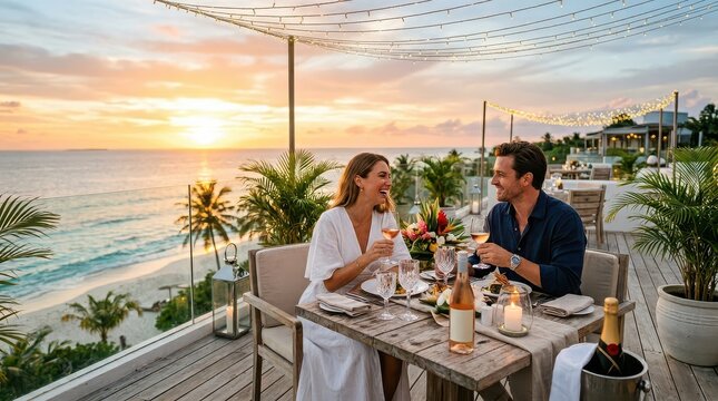 Couple dining on ocean view terrace at sunset