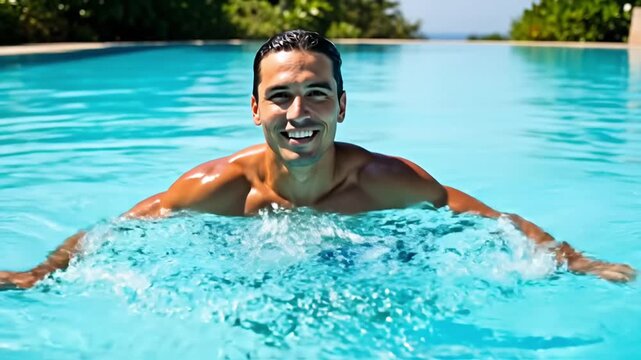 Smiling man swimming in a clear blue pool on a sunny day.