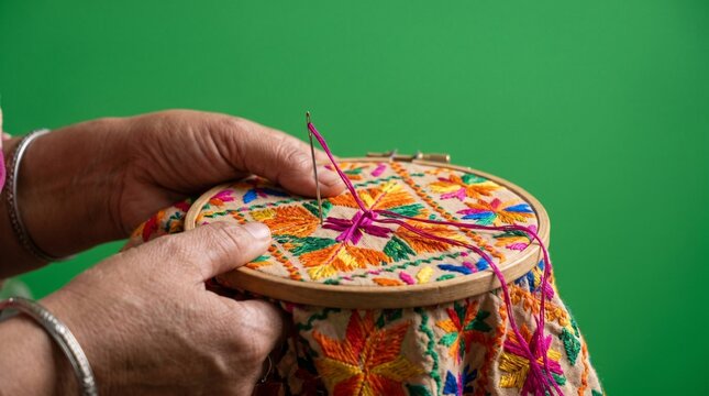hands embroidering colorful floral pattern on vibrant fabric with needle and thread