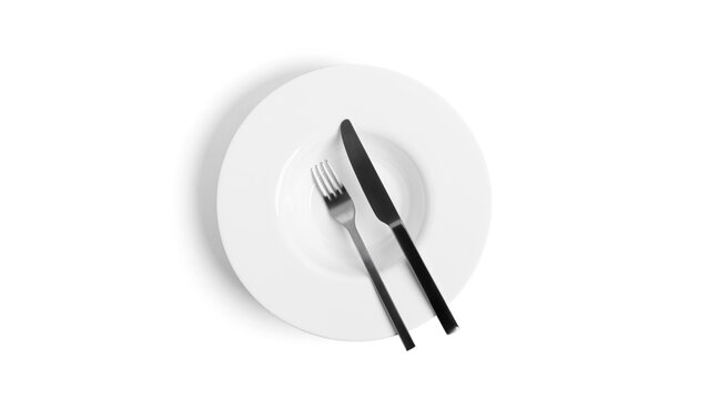 Sign language with cutlery. A plate with cutlery isolated on a white background. Plate, knife, fork on a white background.