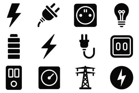 Electrical energy supply and power infrastructure icon collection featuring lightning bolts plugs sockets light bulbs batteries electric grids and voltage meters
