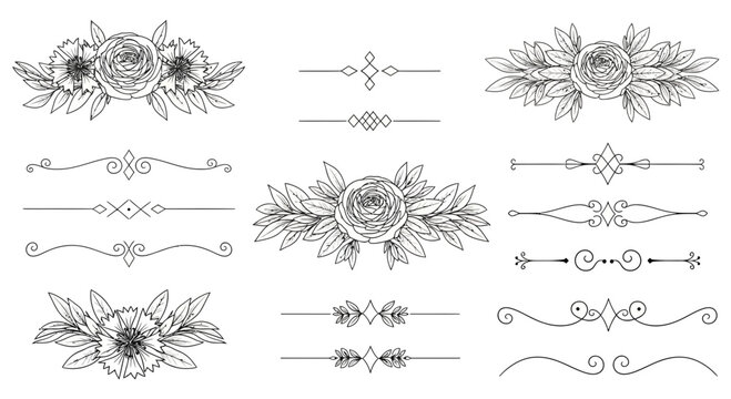Elegant floral design elements with flourishes and dividers for decoration
