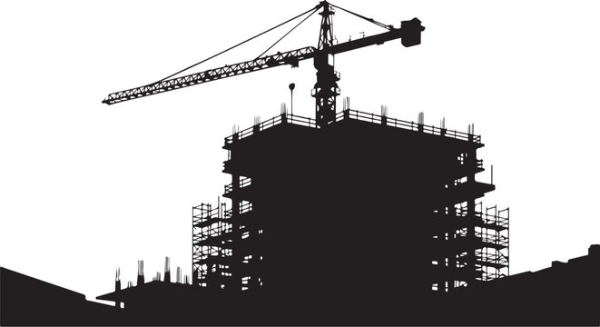 Black silhouette of a construction site with a crane