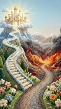Knitted kingdom of heaven with stairway and fiery path of destruction. Biblical story of choice between salvation and damnation. Yarn craft landscape art. Vertical video