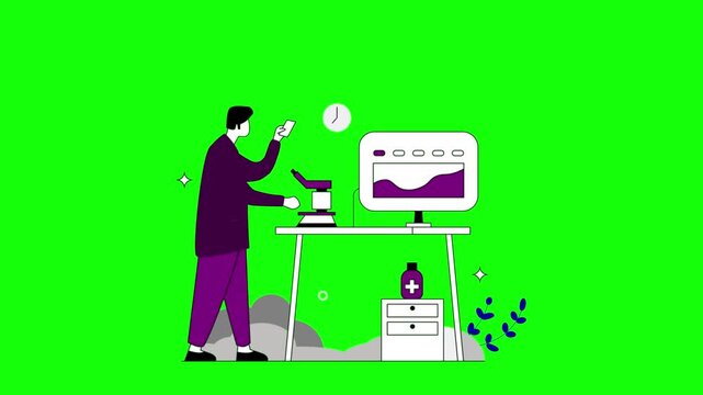 Science Laboratory Animation: Scientist Using Microscope with Digital Interface Research Data Concept on Green Screen Background