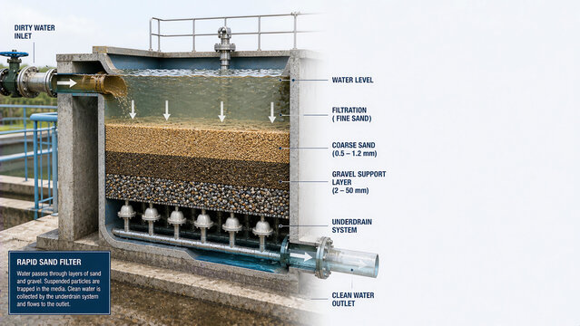 Cutaway Diagram of Rapid Sand Filter Showing Water Filtration Layers and Treatment Process