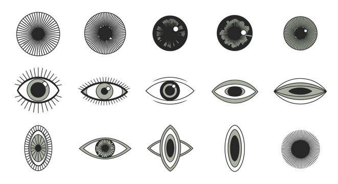 Extensive Collection of Diverse Eye Icons and Pupil Variations, Vision Symbols on Isolated White Background.