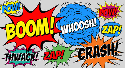 Dynamic Comic Book Sound Effects Panel with Speech Bubbles, Bright Studio Background. © Ahmat