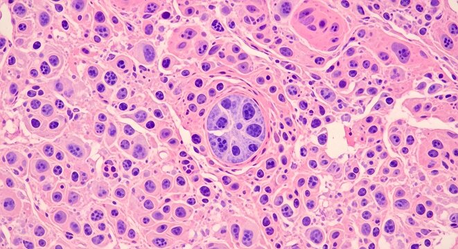 Histopathological image of metastatic melanoma cells showing pleomorphic nuclei and prominent nucleoli.