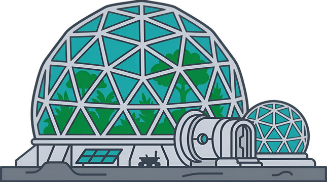 Geo dome with green plant inside and blue dome with the word.