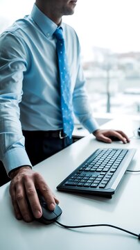 Focused male employee standing at his desk using a computer mouse and keyboard during office hours
