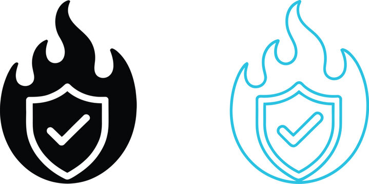 Fire protection icons set featuring flame shield and check mark symbols for safety prevention and hazard control design