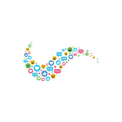 Fototapeta premium Colorful social media icons form a waving hand shape on a white background with emojis.