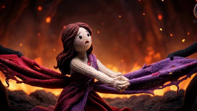 Knitted woman reaching towards heart in hell while caught between demon creatures. Biblical allegory of temptation and struggle against sin in yarn art style.
