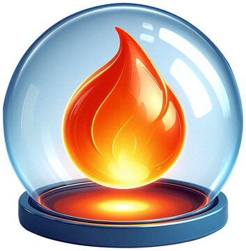 A shiny orange flame floating inside a transparent glass dome, smooth highlights, 3D cartoon style