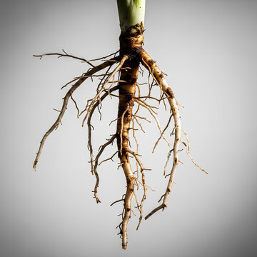 Detailed closeup of a plants root system showcasing intricate details.