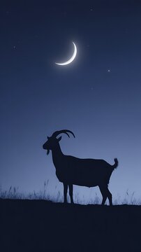 Majestic goat silhouette stands on a grassy hill under a bright crescent moon at night