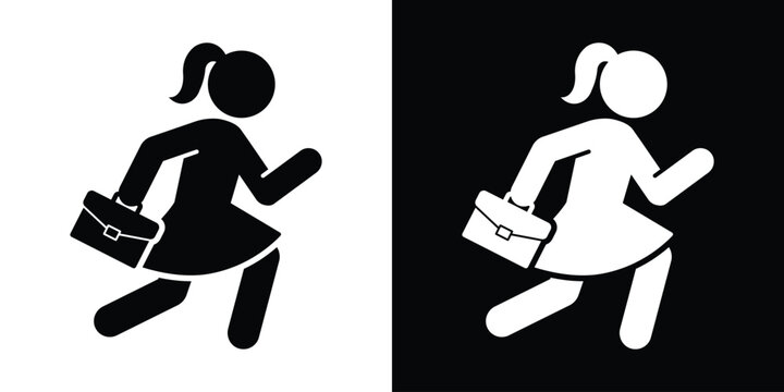 Icon of a girl with a ponytail running while holding a briefcase or school bag. Represents being late for school, business travel, or a fast-paced career. Minimalist vector graphic.