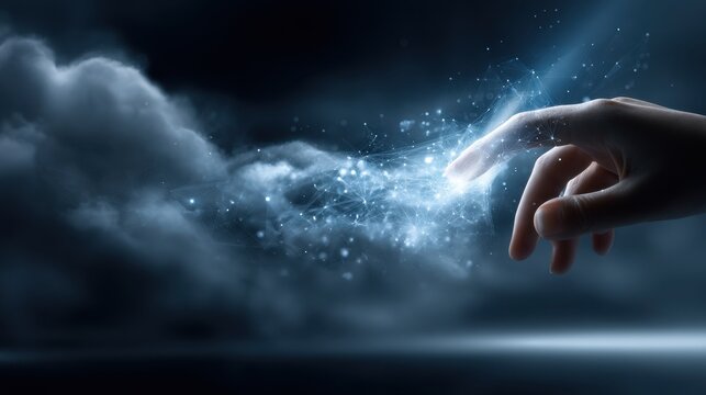 Human hand reaching into ai data cloud digital interaction futuristic environment conceptual viewpoint