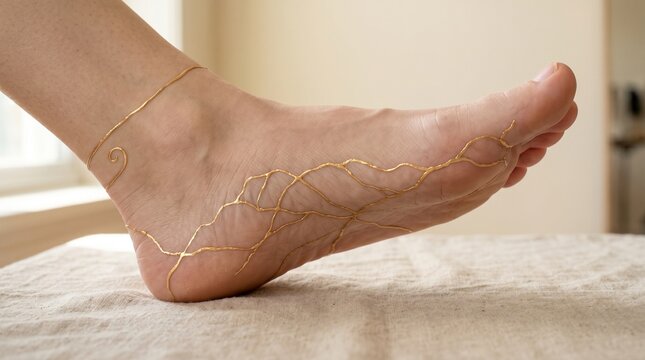 A foot with gold cracks across the arch like a beautiful map, skin unbroken