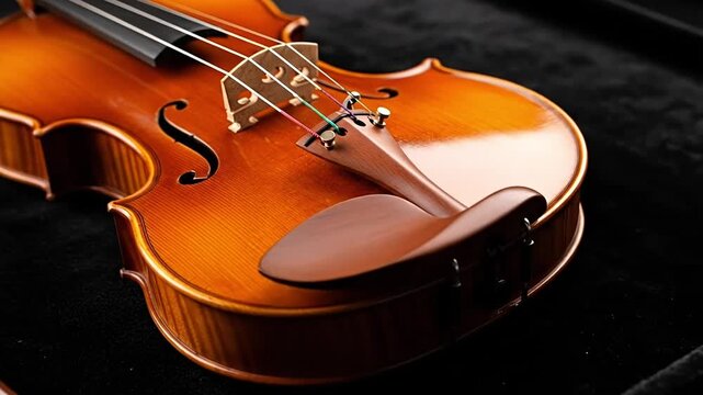 Close-up of a polished wooden violin with strings, resting in a case.