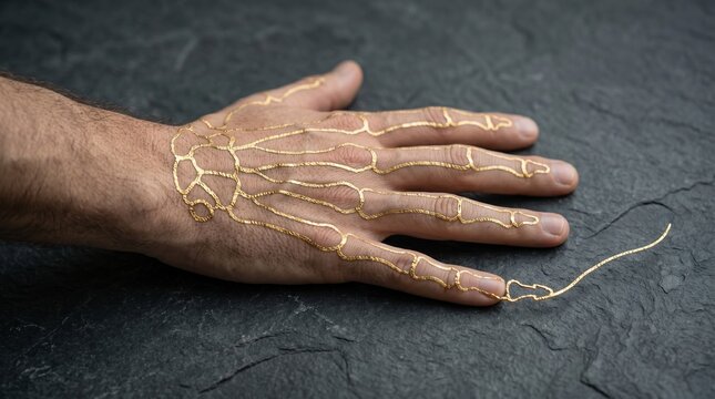 A human hand with gold lines tracing where bones would be (external, skin unbroken)