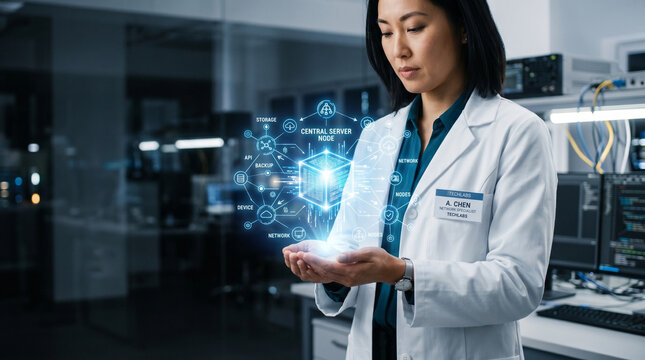 Woman scientist ai federated learning network in laboratory with digital data cloud