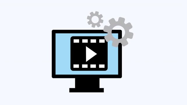 Computer screen displaying a video player icon with gears. Perfect for technology related articles, websites, or social media posts related to video editing and software.