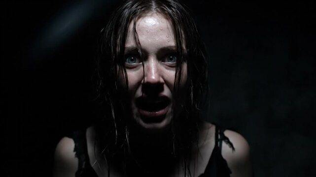Terrified woman screams with fear in a dark, claustrophobic environment; horror scene