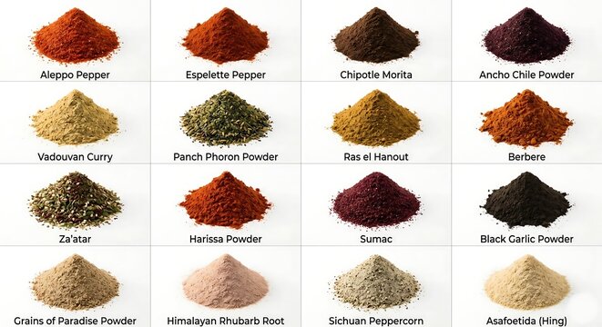 Spicy powder Variety of global spice powders on white background