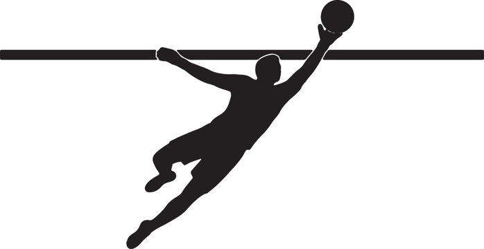 Silhouette of football goalkeeper reaching up to catch ball near goal post against grey background.