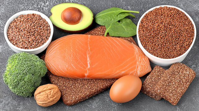 Healthy food ingredients with salmon avocado broccoli flax seeds egg, whole foods