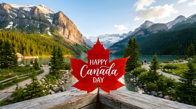 Happy canada day scenic mountain landscape with vibrant maple leaf celebration