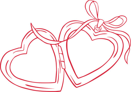 hand draw heart locket , Outline drawing heart locket line clipart symbol, Vector art of two heart shaped locket with a bow vintage 