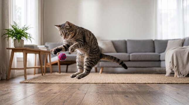 A brown tabby cat jumping for a pink ball in a modern living room.