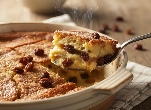 Warm homemade bread pudding with raisins being served from a ceramic dish.