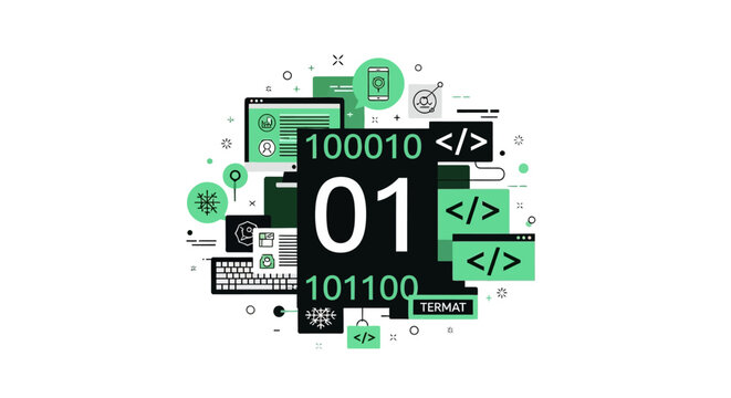Flat Vector Illustration of Software Development, Coding, and Data Processing Concept with Binary Code and Tech UI Icons on White Background