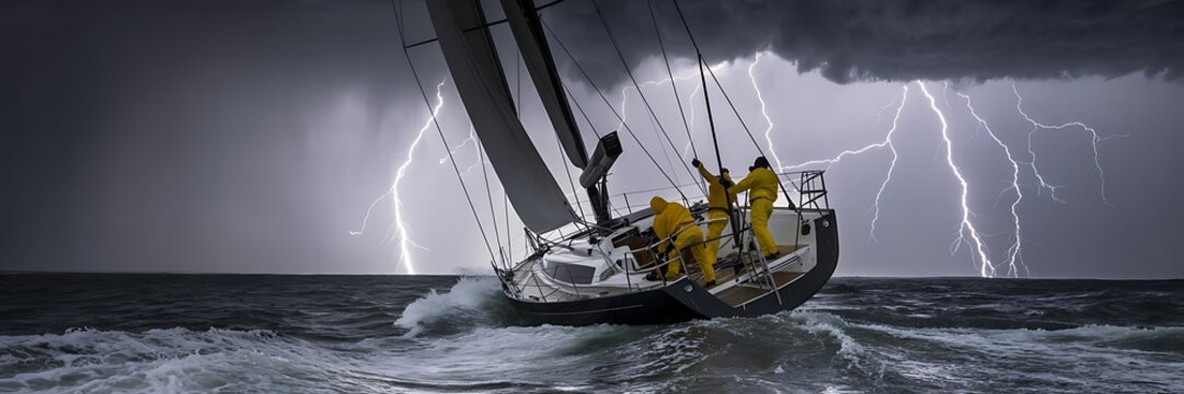 Sailboat crew navigating through stormy weather with lightning in the background on the ocean