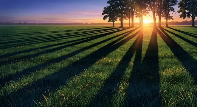 夕暮れ時の低い太陽が芝生に描く木々の長い影、平和で静かな公園の風景