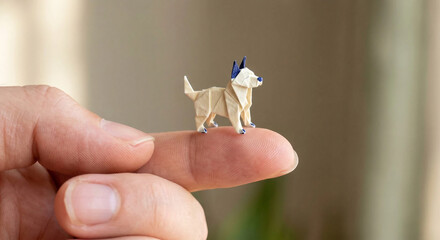 Macro close-up of a tiny beige and blue origami paper dog perched on a person's index finger