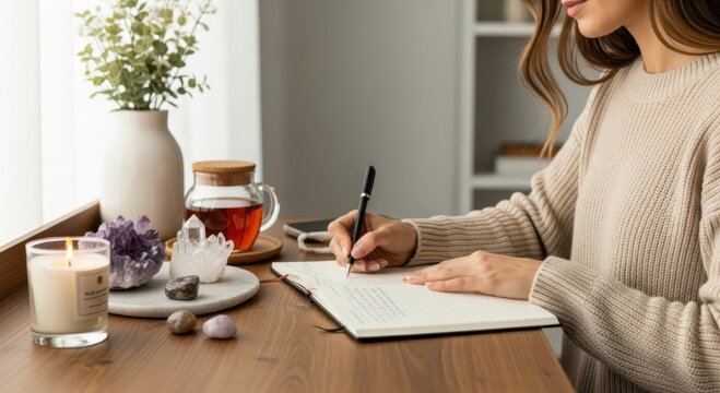 Woman writing in a journal after meditation, surrounded by calming elements like tea and crystals, promoting wellness and reflection.